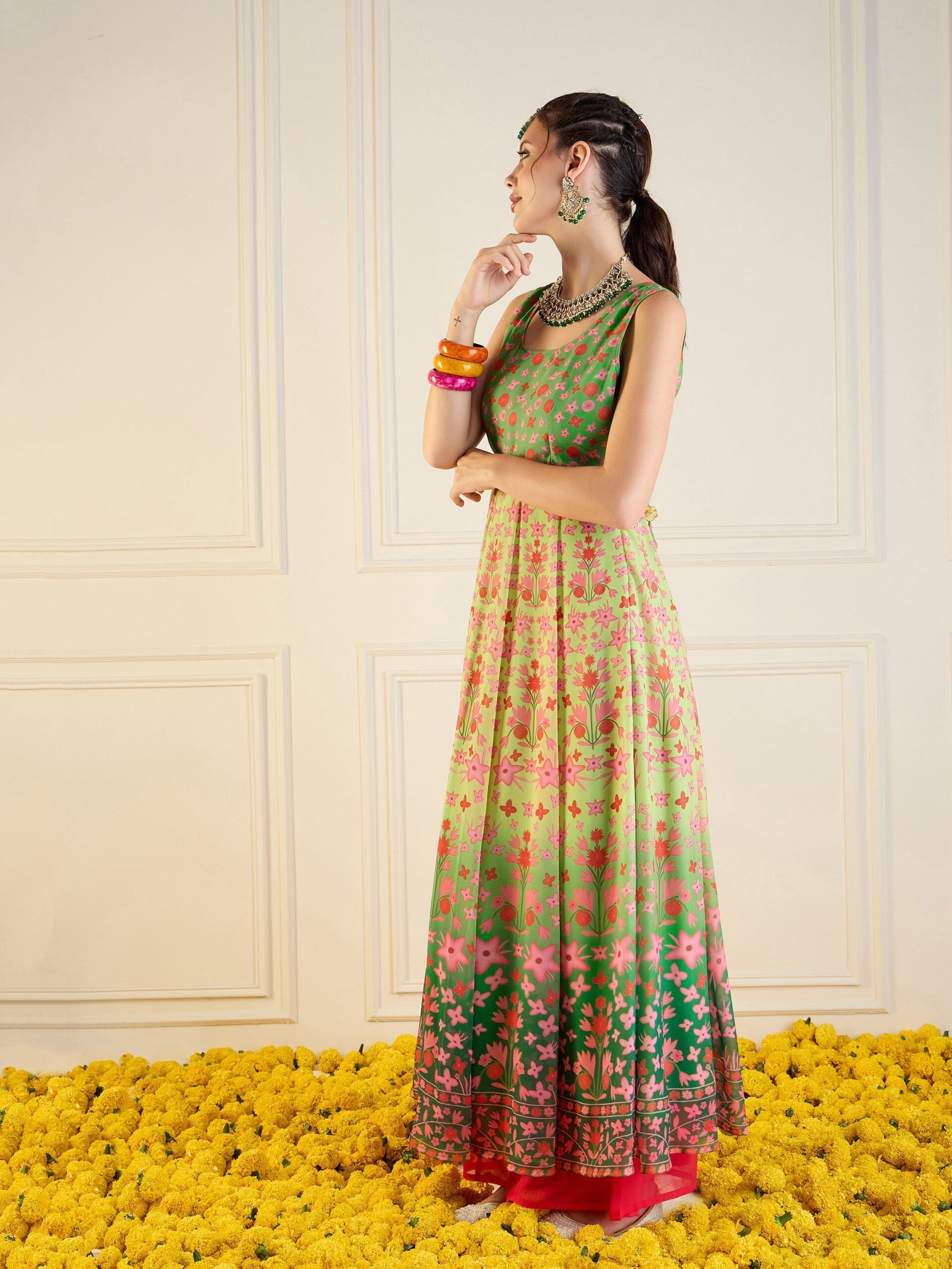 Women Green Floral Sleeveless Anarkali Kurta