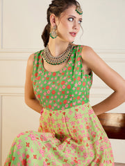 Women Green Floral Sleeveless Anarkali Kurta