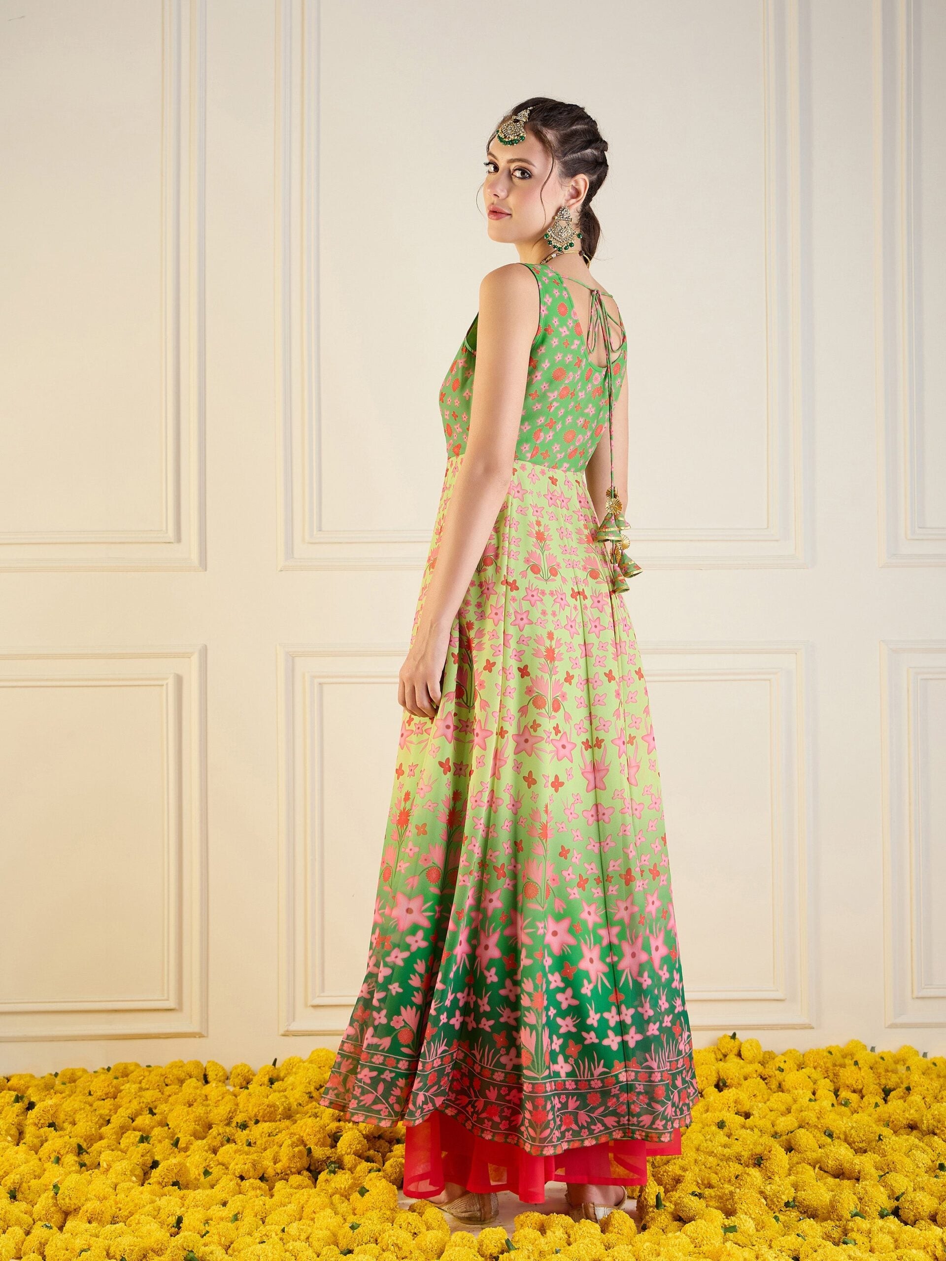 Women Green Floral Sleeveless Anarkali Kurta