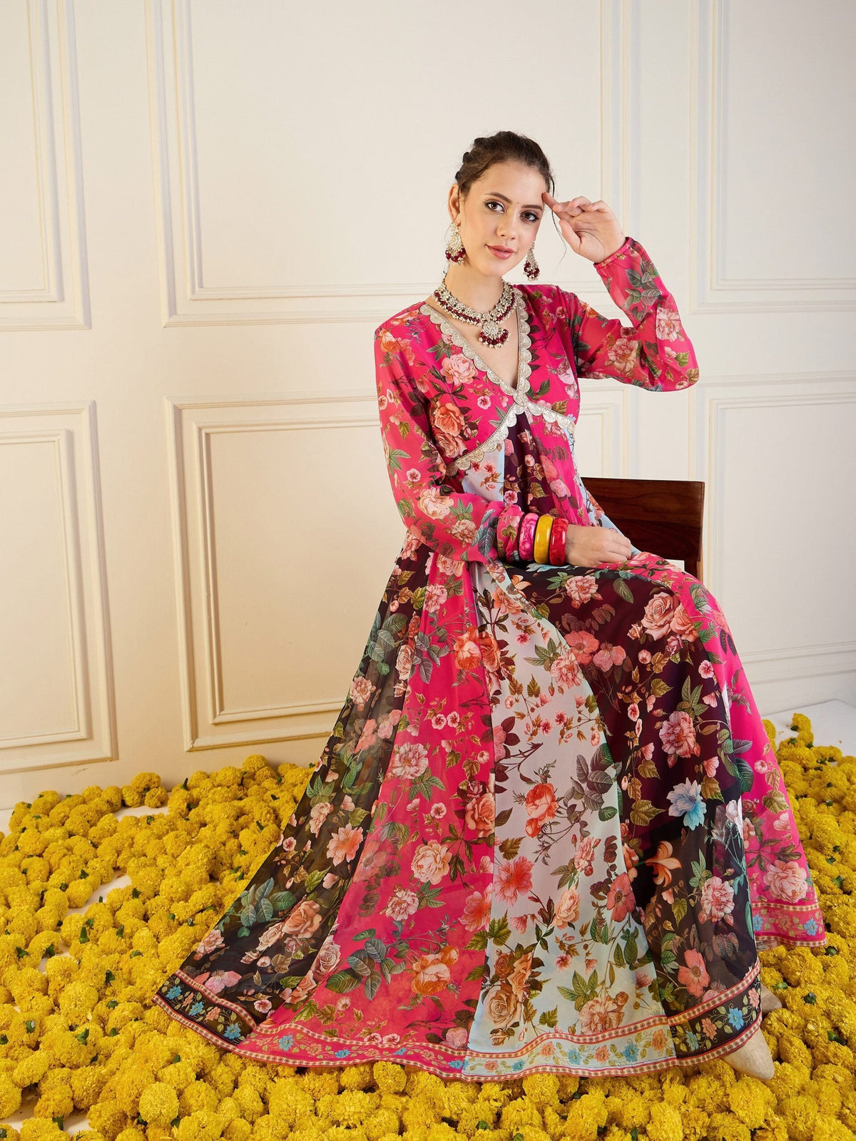 Women Fuchsia & Black Floral Long Anarkali Kurta