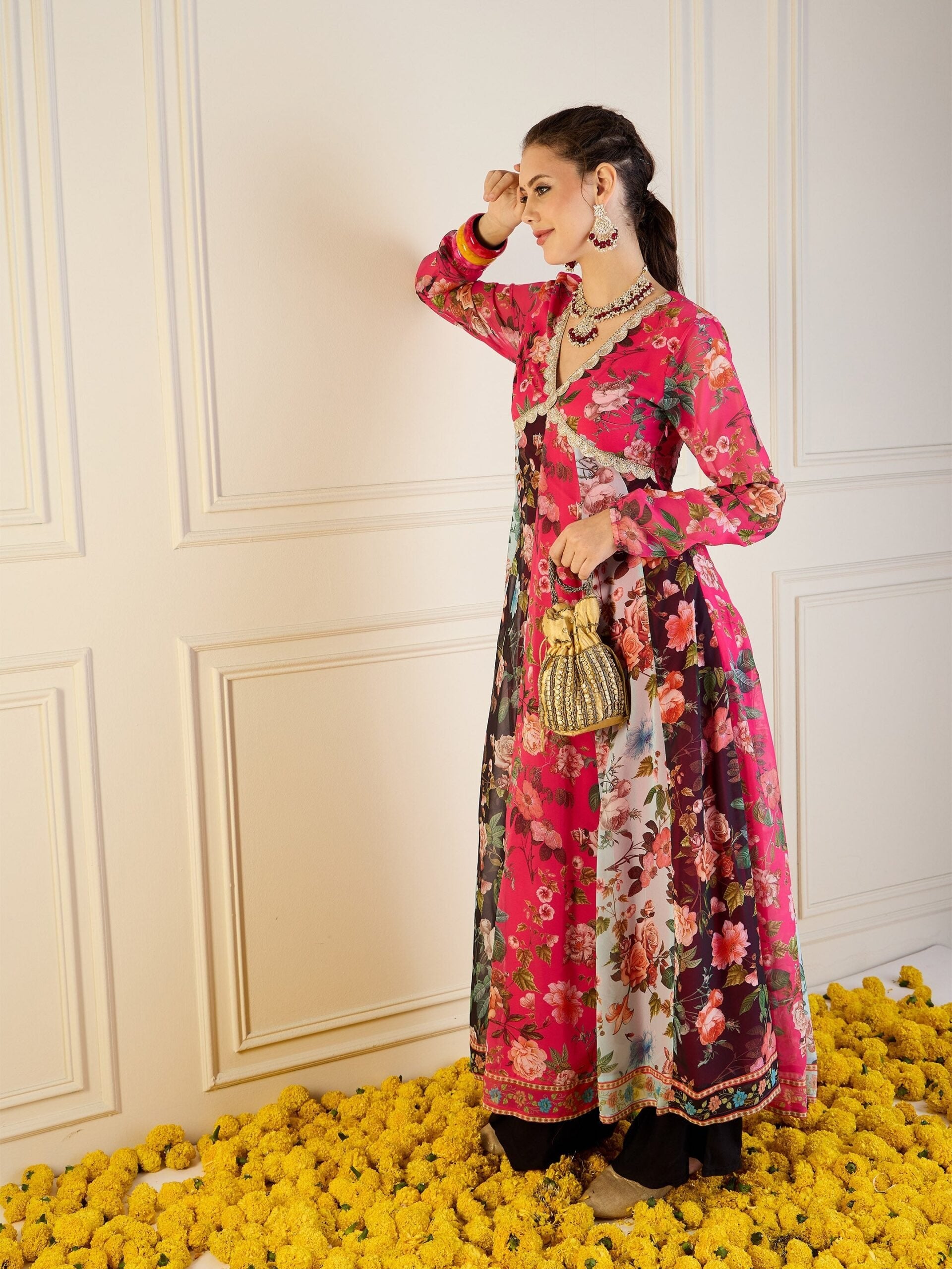 Women Fuchsia & Black Floral Long Anarkali Kurta