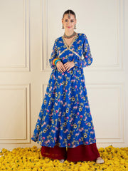 Women Royal Blue Floral Long Anarkali Kurta