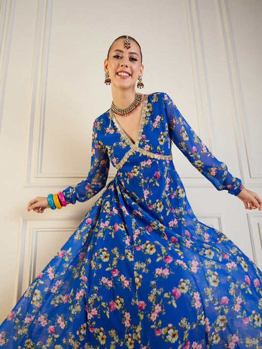 Women Royal Blue Floral Long Anarkali Kurta