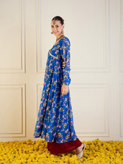 Women Royal Blue Floral Long Anarkali Kurta