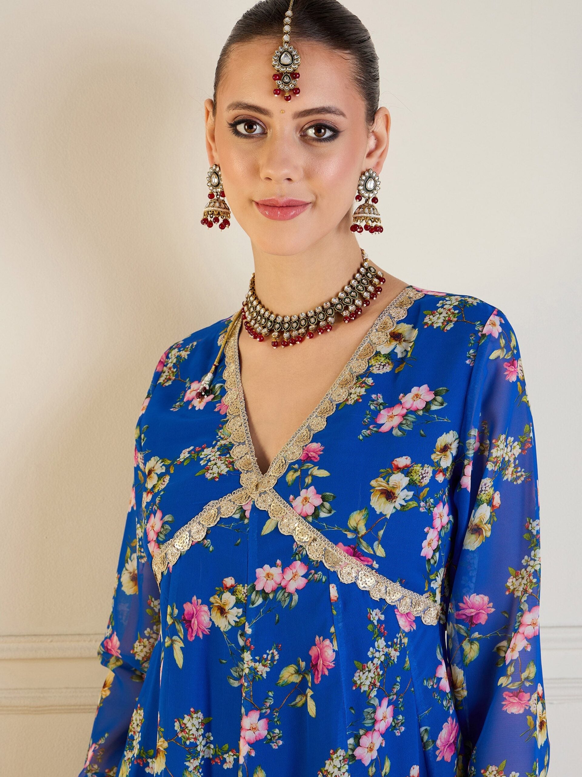 Women Royal Blue Floral Long Anarkali Kurta