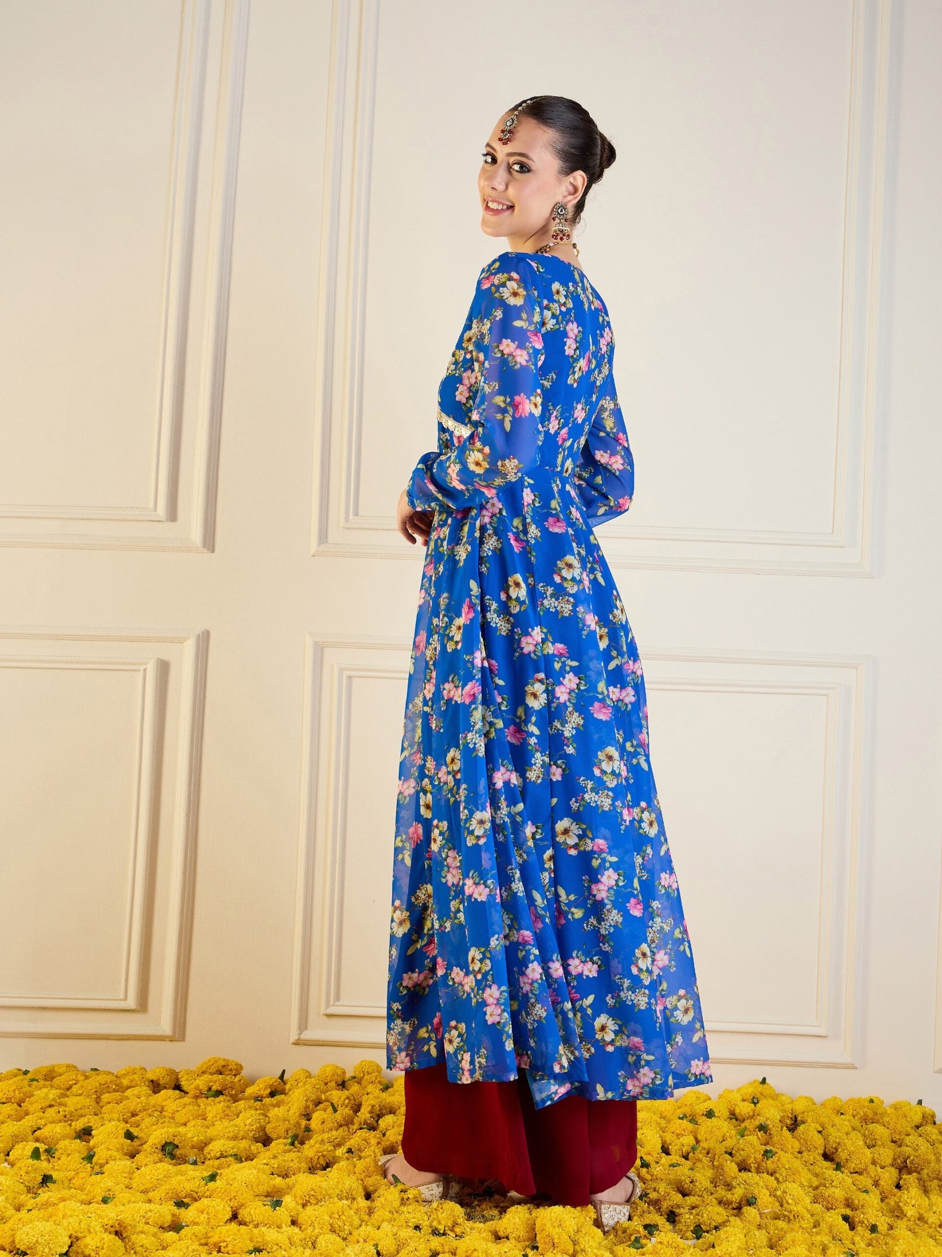 Women Royal Blue Floral Long Anarkali Kurta