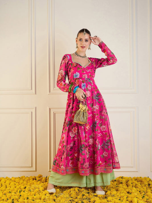 Women Fuchsia Floral Long Anarkali Kurta