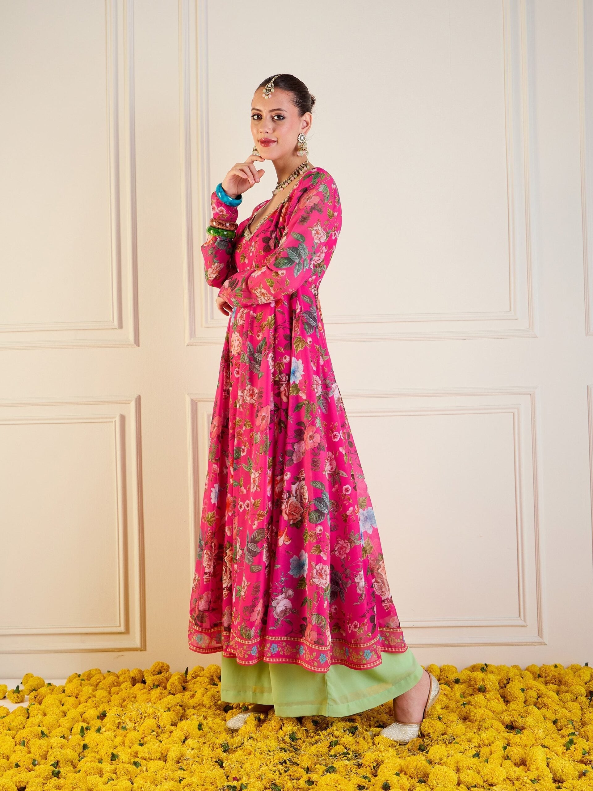 Women Fuchsia Floral Long Anarkali Kurta