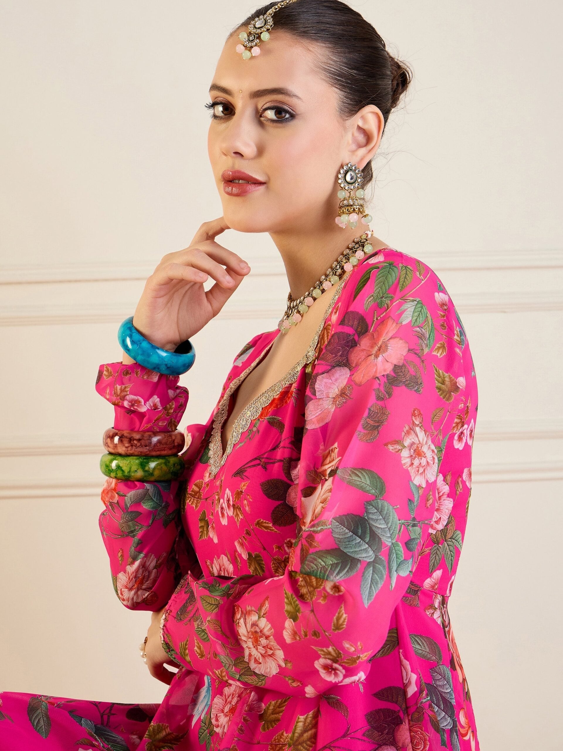 Women Fuchsia Floral Long Anarkali Kurta