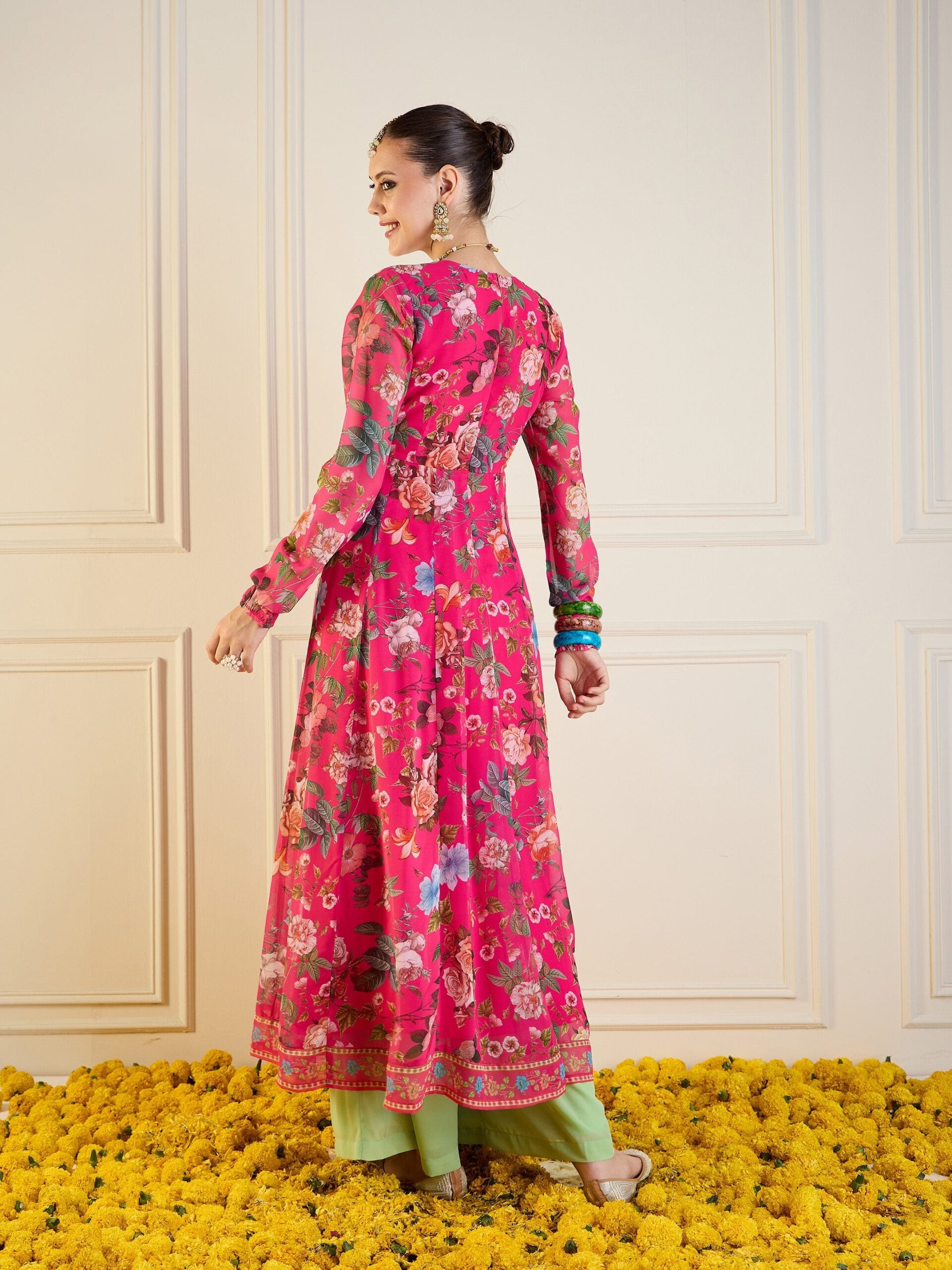 Women Fuchsia Floral Long Anarkali Kurta