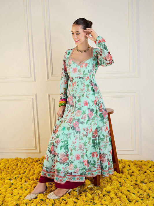 Women Blue Floral Long Anarkali Kurta