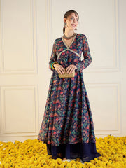 Women Navy Floral Long Anarkali Kurta