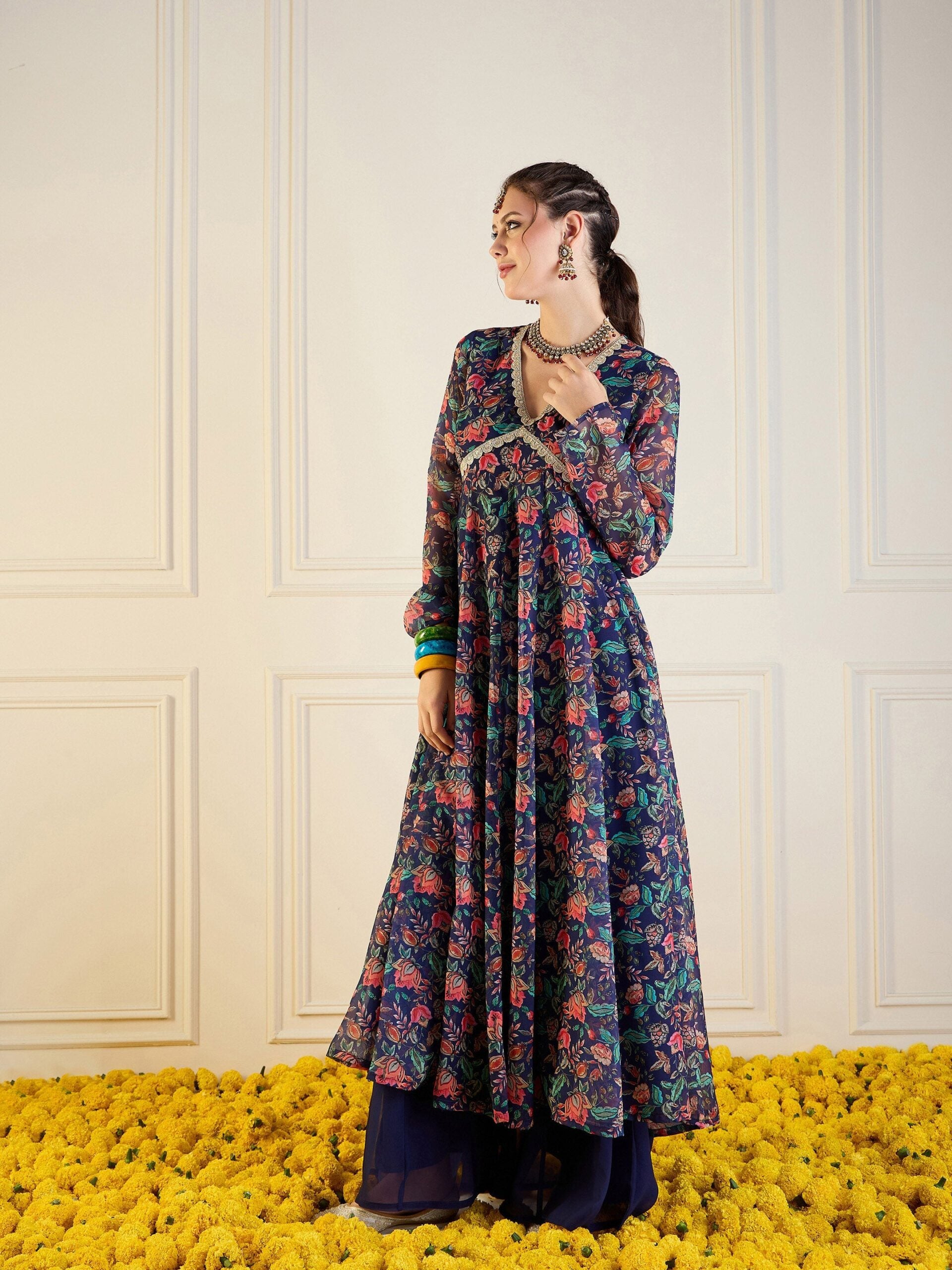 Women Navy Floral Long Anarkali Kurta