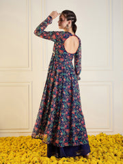 Women Navy Floral Long Anarkali Kurta