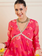 Women Fuchsia Floral Long Anarkali Kurta