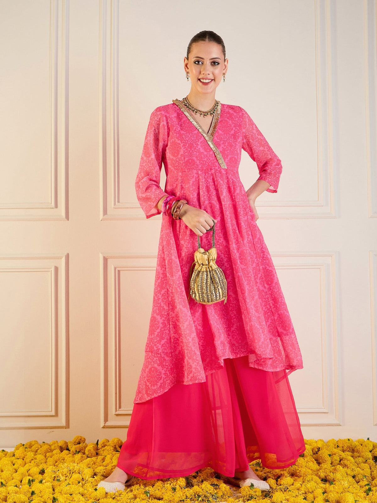 Women Pink Floral High Low Anarkali Kurta