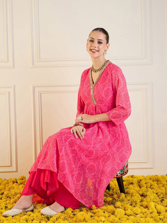 Women Pink Floral High Low Anarkali Kurta