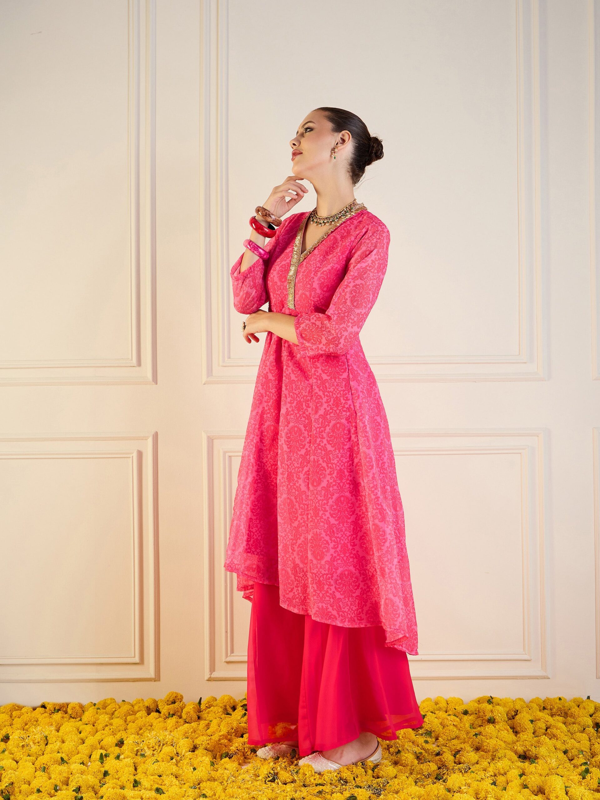 Women Pink Floral High Low Anarkali Kurta