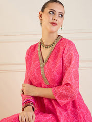 Women Pink Floral High Low Anarkali Kurta