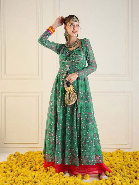 Women Green Motif Printed Front Dori Long Anarkali