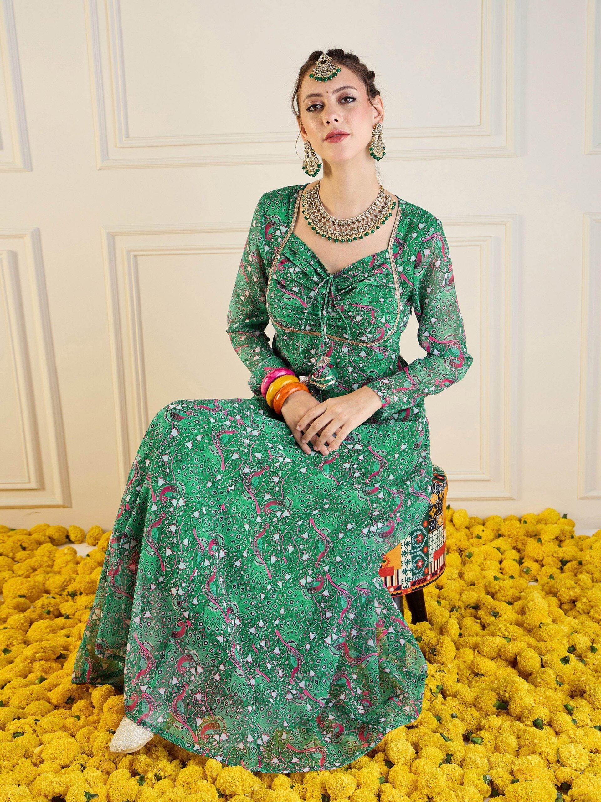 Women Green Motif Printed Front Dori Long Anarkali