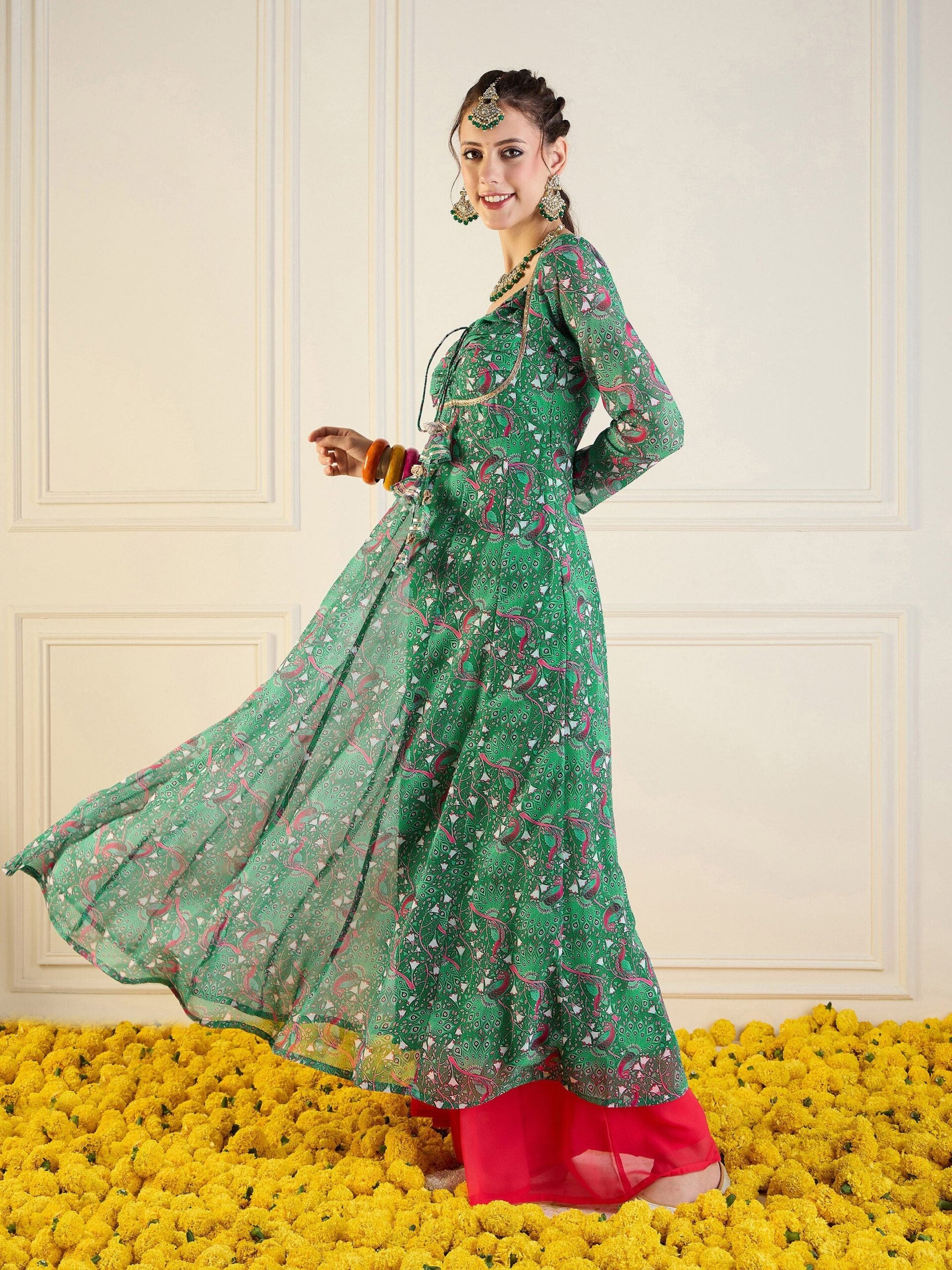 Women Green Motif Printed Front Dori Long Anarkali