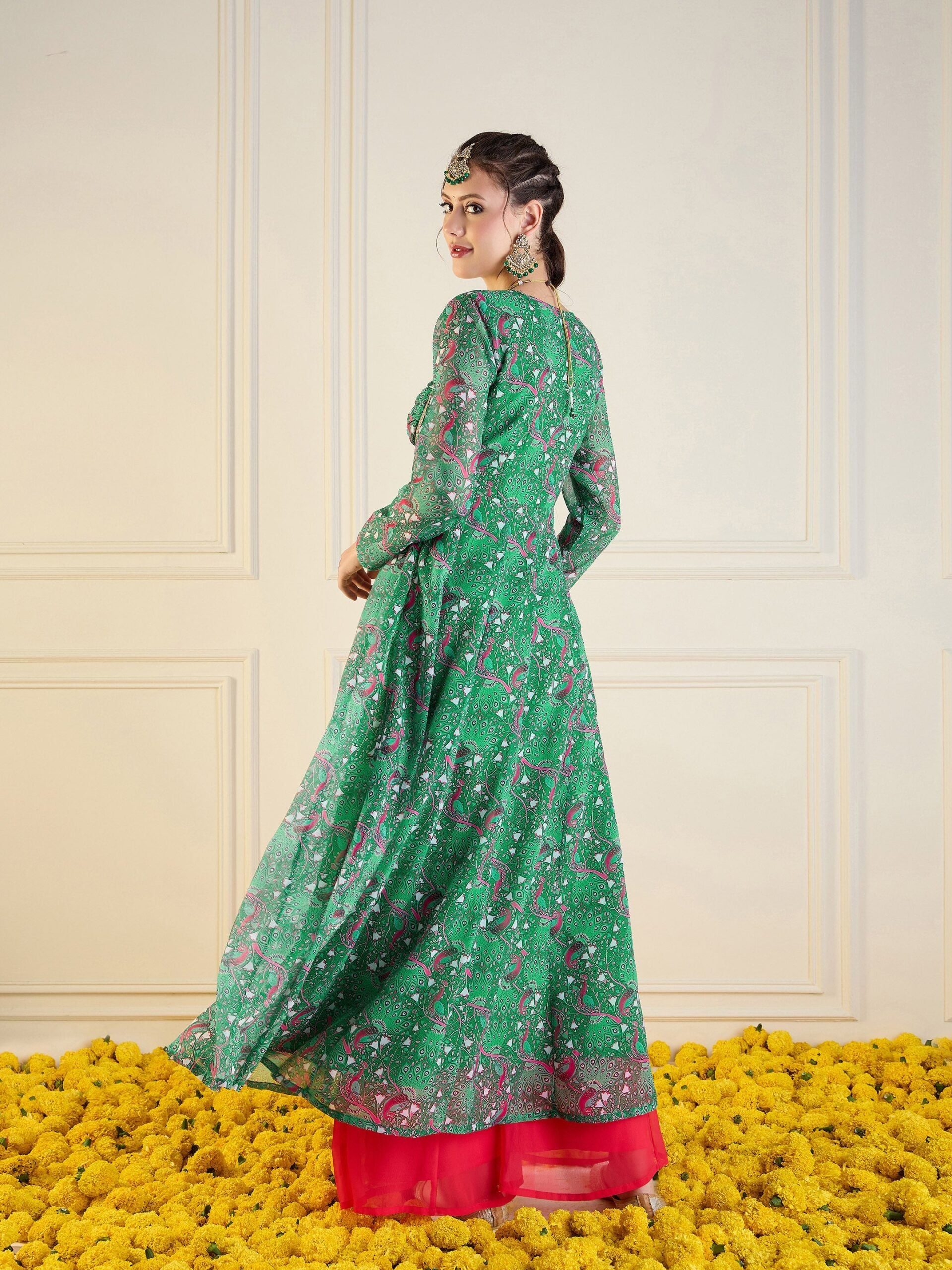 Women Green Motif Printed Front Dori Long Anarkali