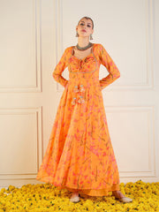 Women Mustard Tropical Printed Front Dori Long Anarkali