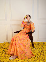 Women Mustard Tropical Printed Front Dori Long Anarkali