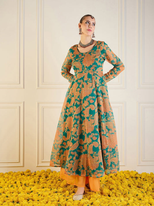 Women Green & Mustard Floral Long Anarkali