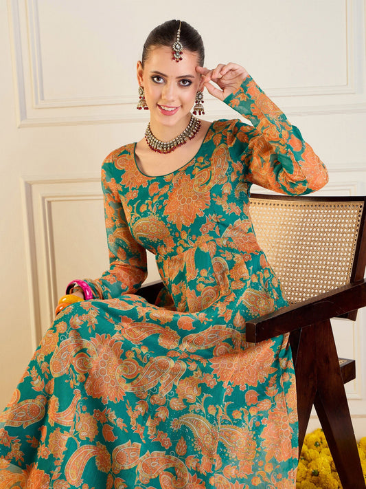 Women Green & Mustard Floral Long Anarkali