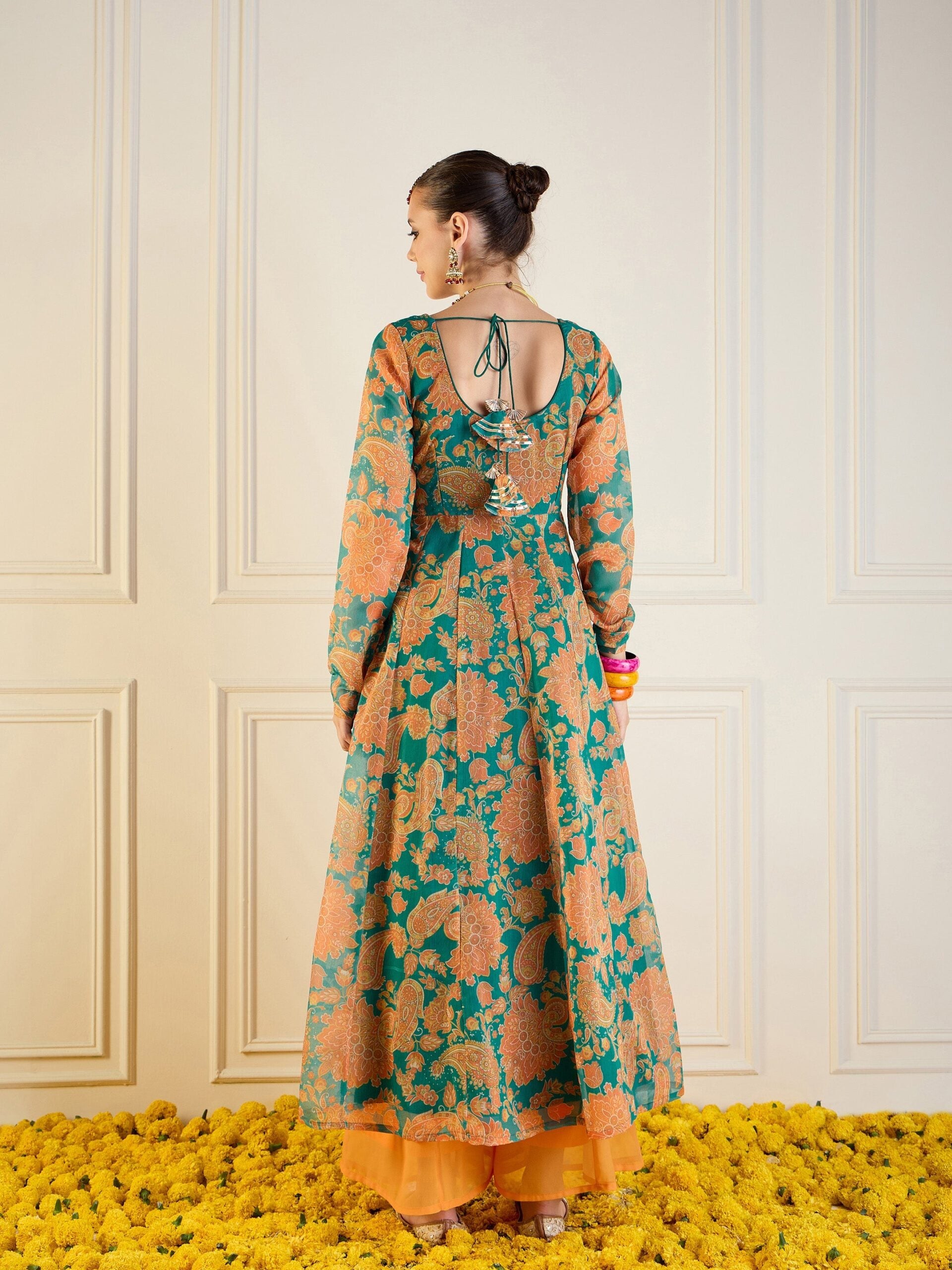 Women Green & Mustard Floral Long Anarkali