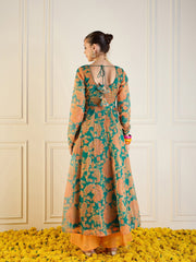 Women Green & Mustard Floral Long Anarkali