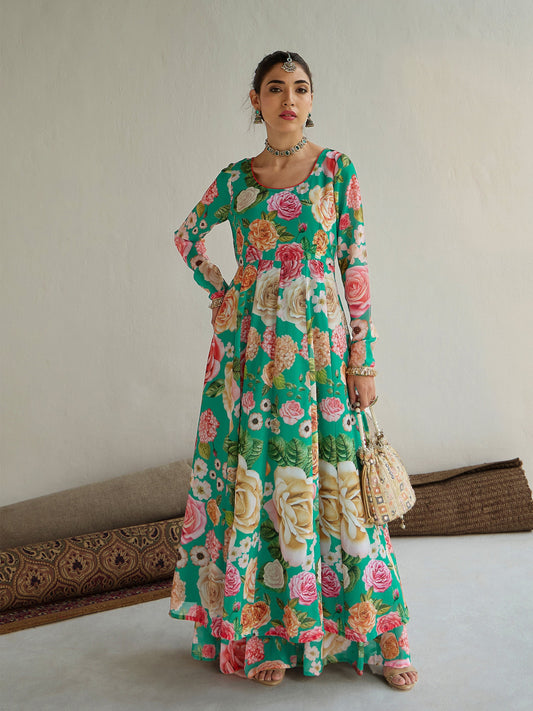 Women Green Floral Round Neck Anarkali Kurta