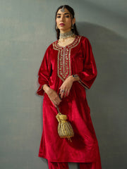 Women Red Velvet Embroidered Kurta