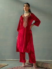 Women Red Velvet Embroidered Kurta