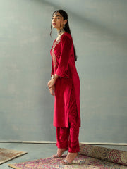 Women Red Velvet Embroidered Kurta