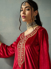 Women Red Velvet Embroidered Kurta