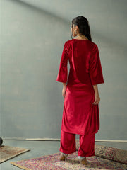 Women Red Velvet Embroidered Kurta