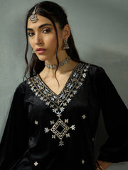 Women Black Velvet V-Neck Embroidered Kurta