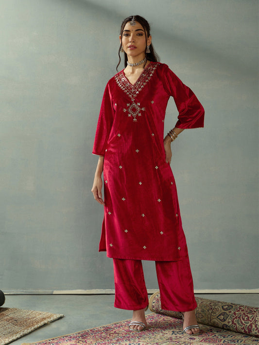 Women Red Velvet V-Neck Embroidered Kurta