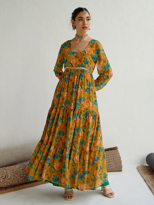 Women Yellow Floral Round Neck Tiered Kurta