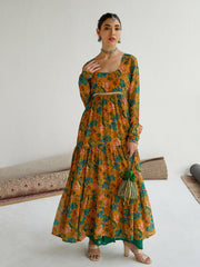 Women Yellow Floral Round Neck Tiered Kurta