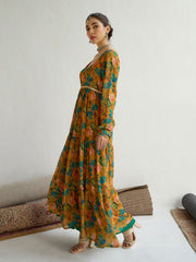 Women Yellow Floral Round Neck Tiered Kurta