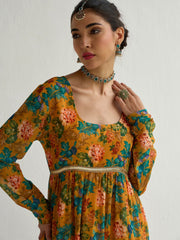 Women Yellow Floral Round Neck Tiered Kurta