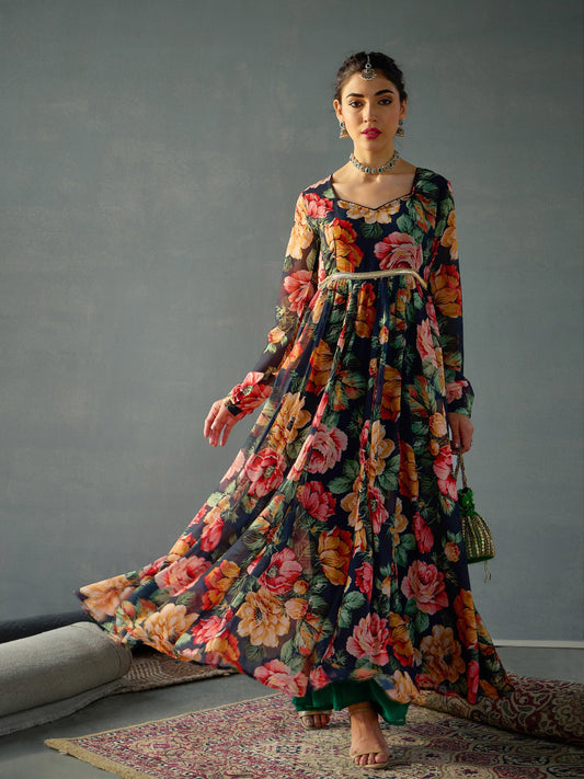 Women Black Floral Sweetheart Neck Anarkali Kurta