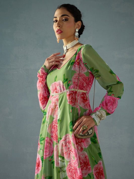 Women Green Floral Sweetheart Neck Anarkali Kurta