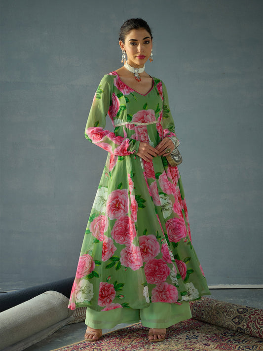 Women Green Floral Sweetheart Neck Anarkali Kurta