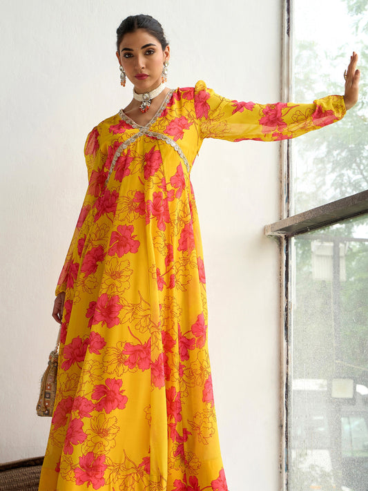 Women Yellow Floral V-Neck Anarkali Kurta