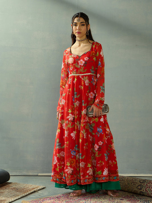 Women Red Floral Sweetheart Neck Anarkali Kurta